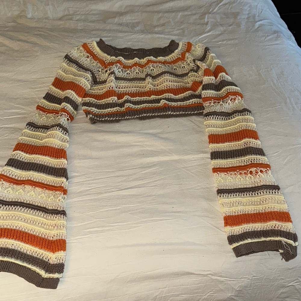 SHEIN Off-the-Shoulder Striped Sweater in Orange and Cream.